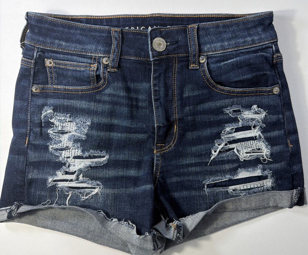 American Eagle Women's Denim Jean Shorts Size 2 Curvy-High Rise Shortie Distress